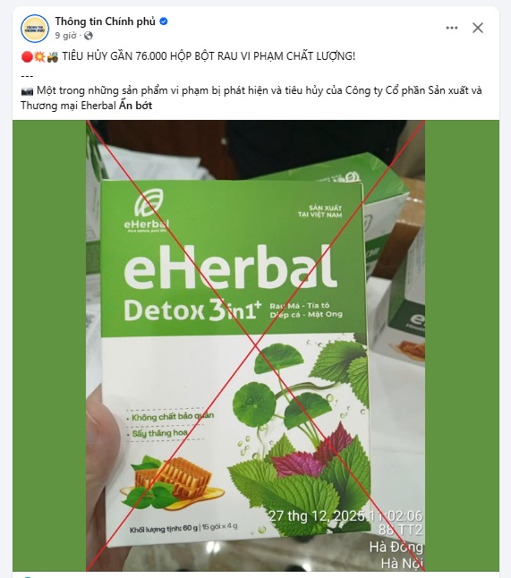 Tiêu hủy gần 76.000 hộp bột rau vi phạm chất lượng