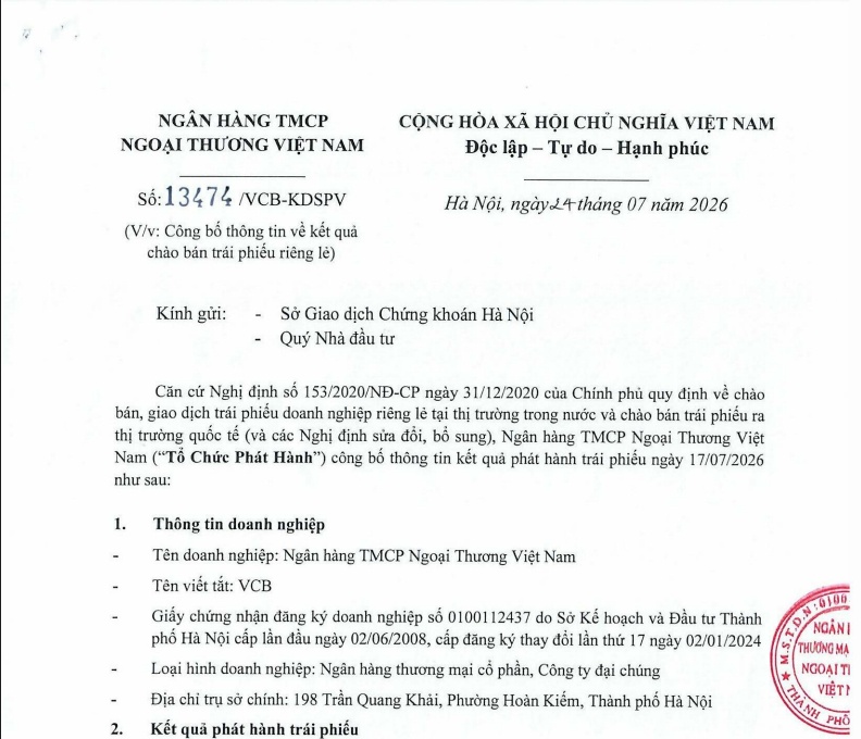Vietcombank (VCB) huy động thêm 500 tỷ đồng từ kênh trái phiếu