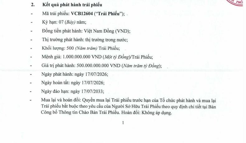 Vietcombank (VCB) huy động thêm 500 tỷ đồng từ kênh trái phiếu