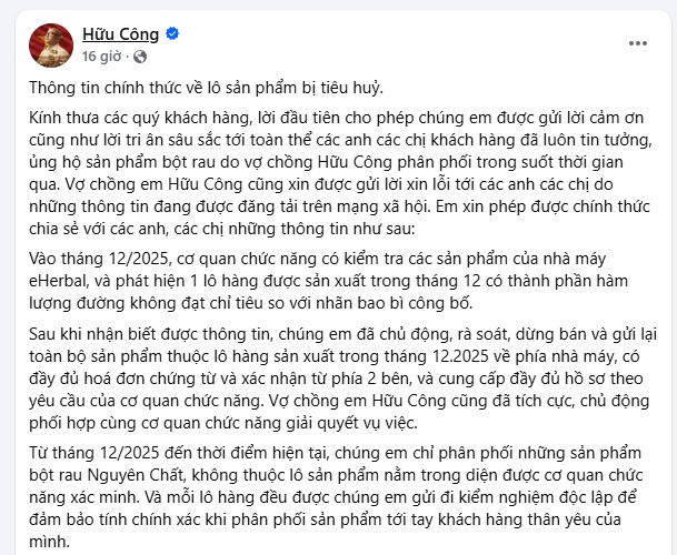 Hữu Công lên tiếng sau vụ gần 76.000 hộp bột rau detox bị tiêu hủy