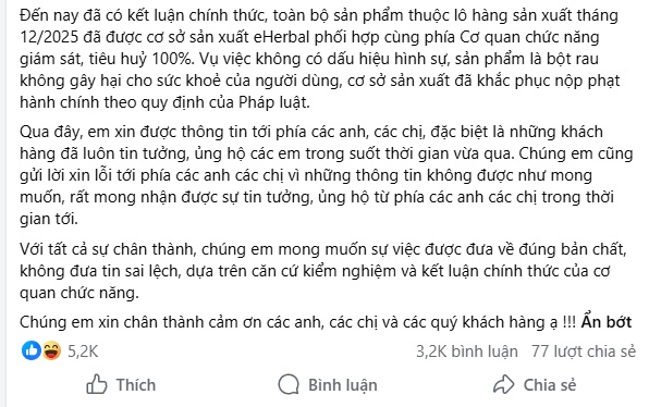 Hữu Công lên tiếng sau vụ gần 76.000 hộp bột rau detox bị tiêu hủy