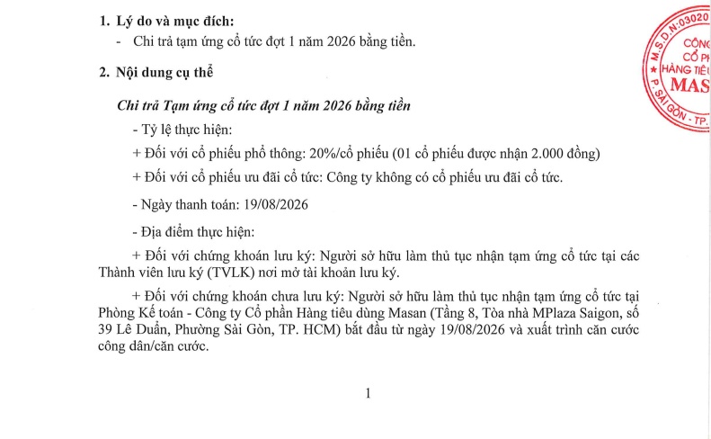 Masan Consumer (MCH) chốt ngày trả cổ tức bằng tiền mặt tỷ lệ 20%