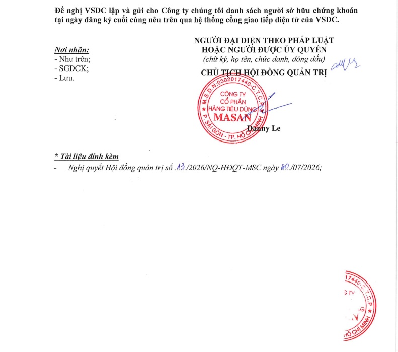 Masan Consumer (MCH) chốt ngày trả cổ tức bằng tiền mặt tỷ lệ 20%