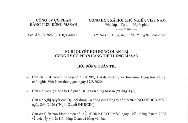 Masan Consumer (MCH) chốt ngày trả cổ tức bằng tiền mặt tỷ lệ 20%