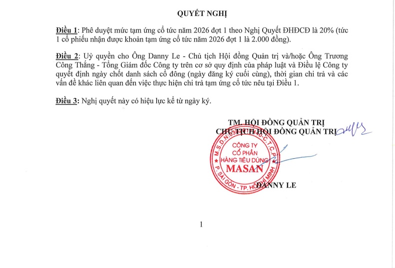 Masan Consumer (MCH) chốt ngày trả cổ tức bằng tiền mặt tỷ lệ 20%