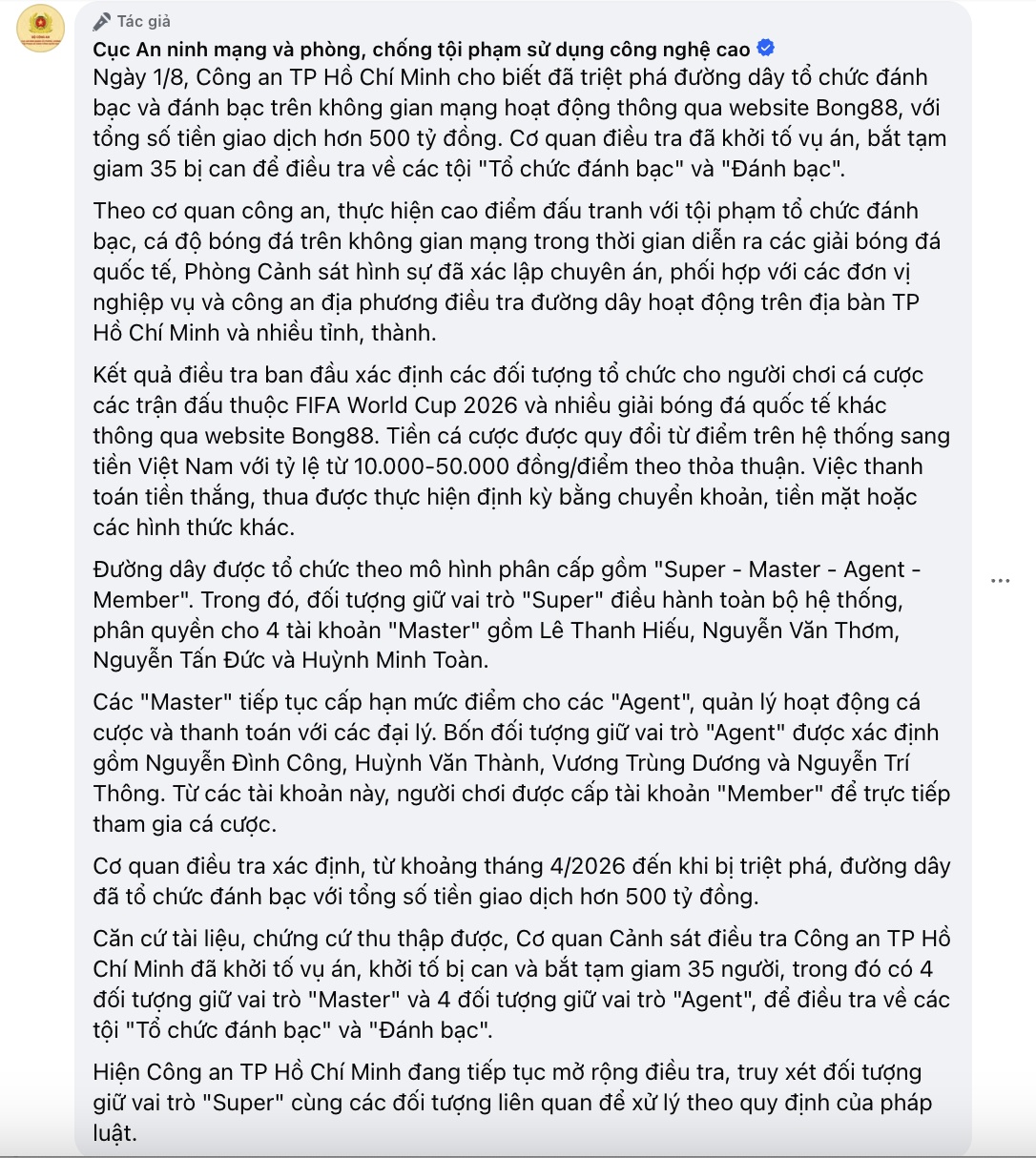 35 người bị bắt trong đường dây cá độ qua Bong88, "ông trùm" vẫn đang bỏ trốn?