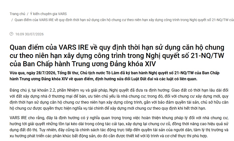 VARS IRE: Sở hữu đất của chung cư thương mại vẫn là lâu dài, chỉ thay đổi cách xác định thời hạn căn hộ