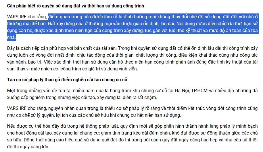 VARS IRE: Sở hữu đất của chung cư thương mại vẫn là lâu dài, chỉ thay đổi cách xác định thời hạn căn hộ