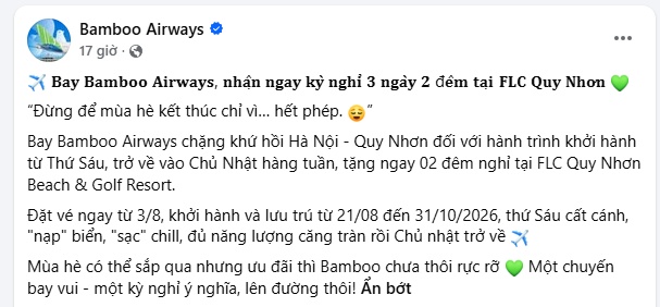 Bamboo Airways mở lại đường bay Hà Nội – Quy Nhơn