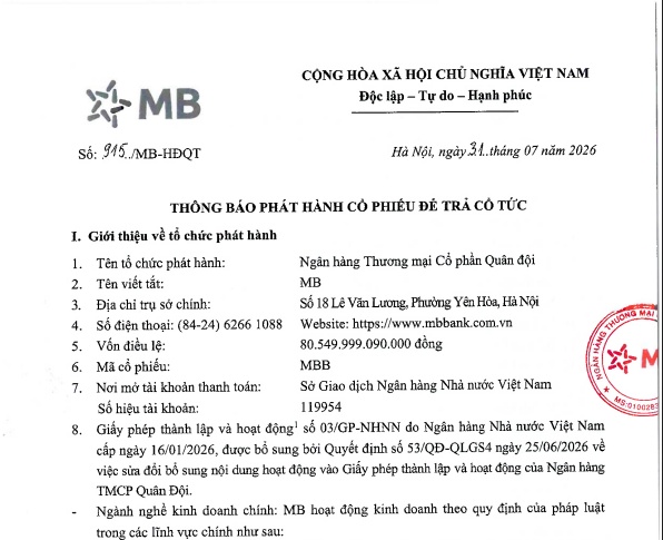 MBBank sắp trả cổ tức 15%