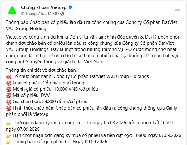 DatVietVAC mở sổ IPO từ ngày 5/8