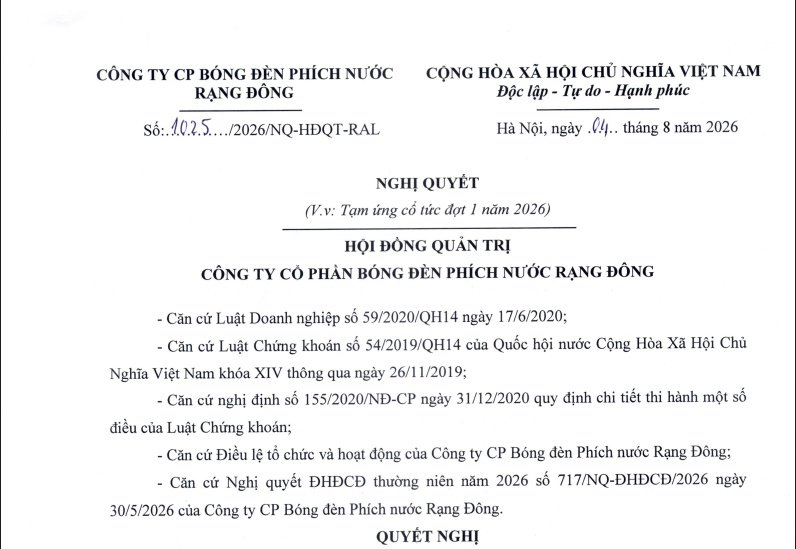 RAL chốt ngày trả cổ tức tiền mặt 25%