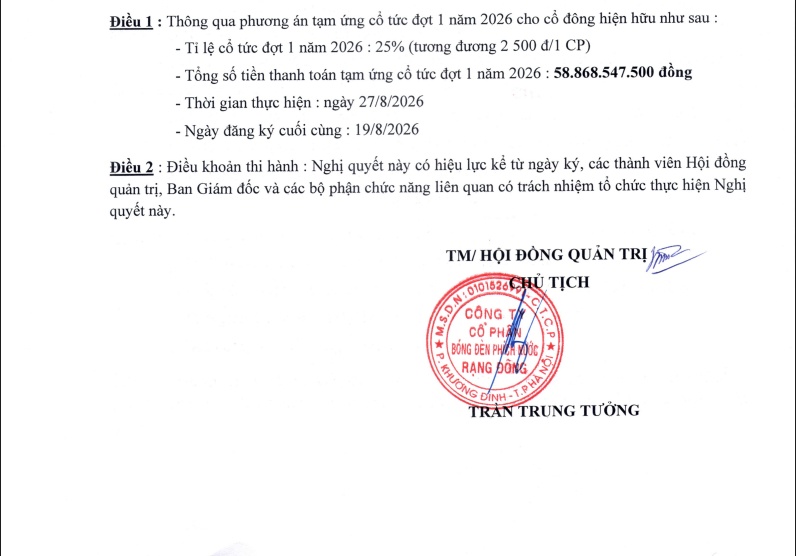 RAL chốt ngày trả cổ tức tiền mặt 25%