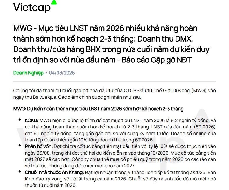 MWG sẽ hoàn thành mục tiêu LNST năm 2026 sớm hơn kế hoạch