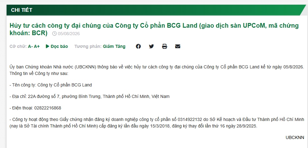 Bamboo Capital và CTCP BCG Land bị hủy tư cách công ty đại chúng