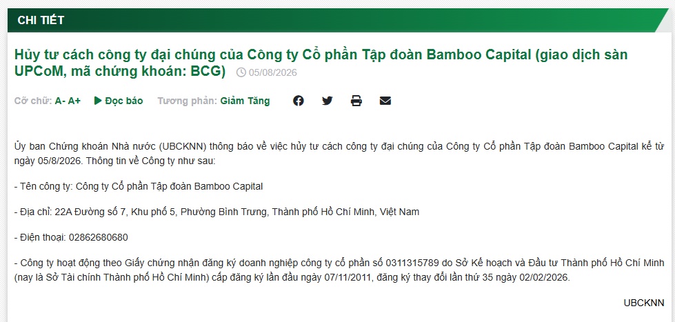 Bamboo Capital và CTCP BCG Land bị hủy tư cách công ty đại chúng