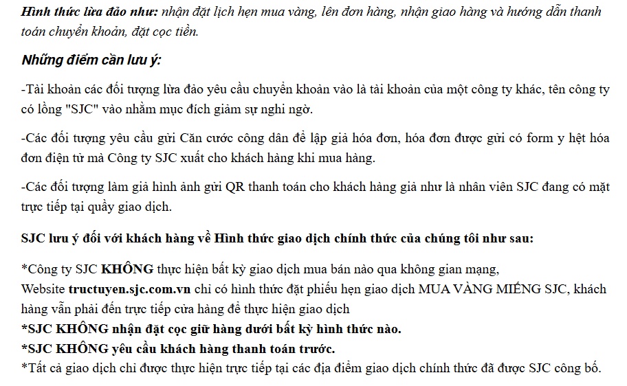 SJC phát cảnh báo nóng tới toàn bộ khách hàng
