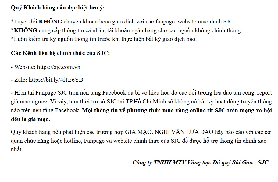 SJC phát cảnh báo nóng tới toàn bộ khách hàng