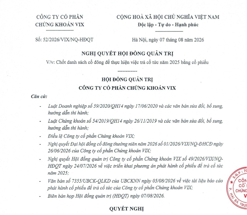VIX chốt ngày phát hành hơn 122 triệu cổ phiếu trả cổ tức