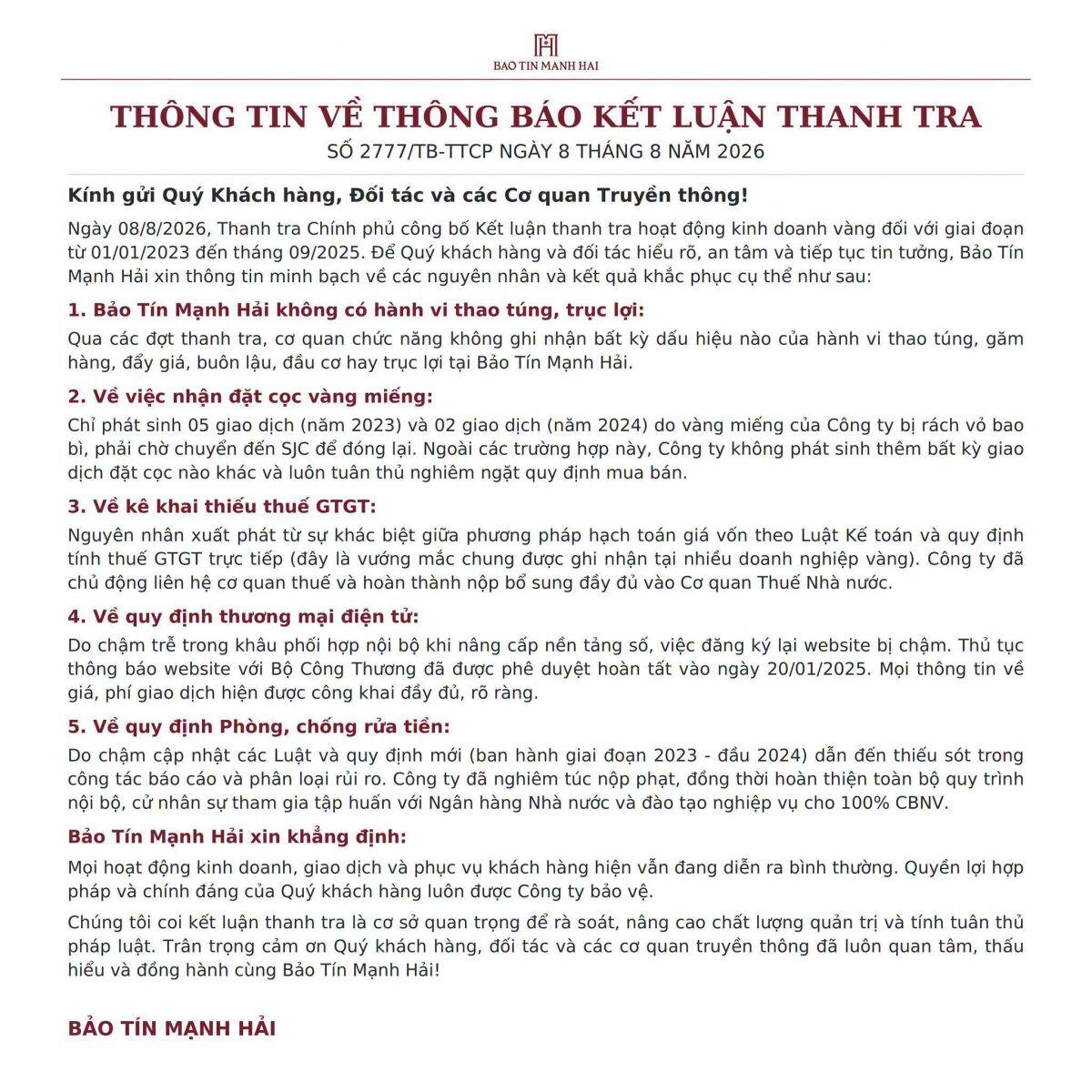Bảo Tín Mạnh Hải lên tiếng sau kết luận thanh tra