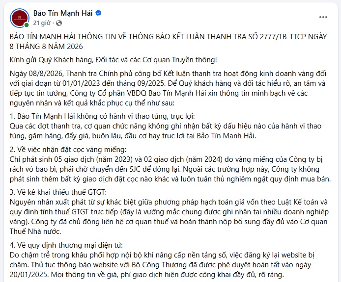Bảo Tín Mạnh Hải khẳng định không thao túng, không găm hàng, không đẩy giá vàng