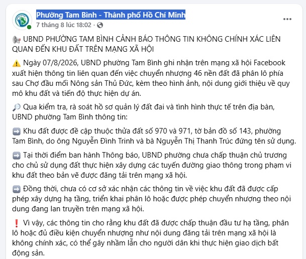 Cảnh báo thông tin rao bán 46 nền đất sau chợ đầu mối Thủ Đức