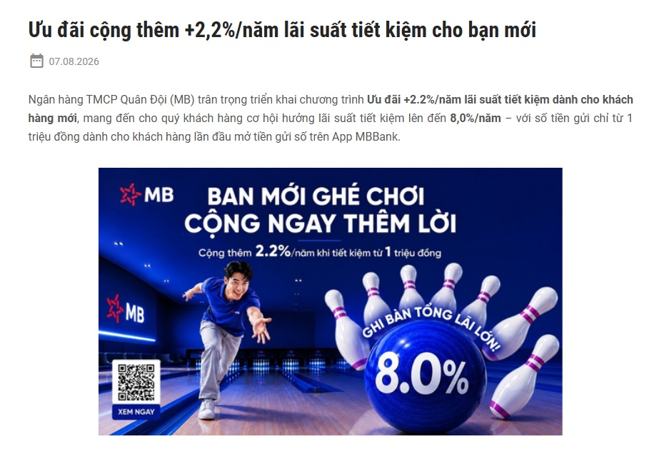 MB tung ưu đãi lãi suất 8%/năm cho khách mới: Ai đang có tiền nhàn rỗi chú ý