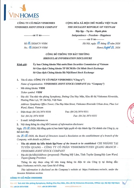 Vinhomes (VHM) lập chi nhánh tại Tuyên Quang