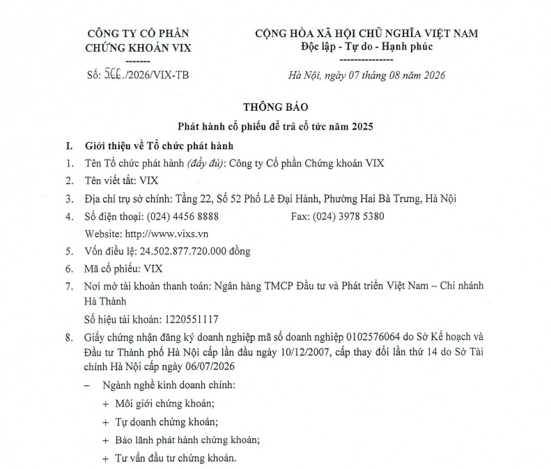 VIX phát hành hơn 122 triệu cổ phiếu để trả cổ tức năm 2025