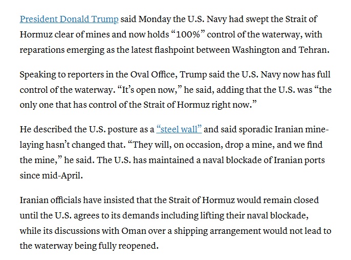 Ông Trump tuyên bố Mỹ đã 'nắm 100%' eo biển Hormuz, yêu cầu Iran 'trả tiền'