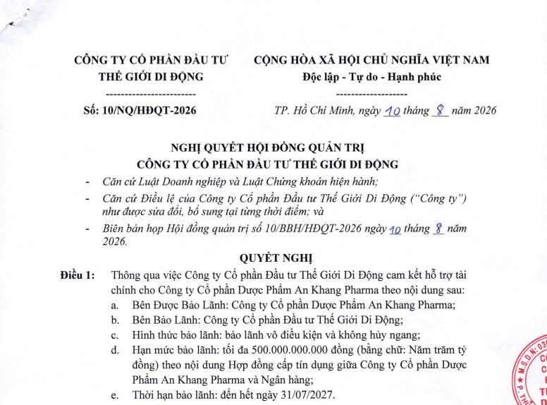 MWG cam kết bảo lãnh tối đa 500 tỷ đồng cho chuỗi An Khang
