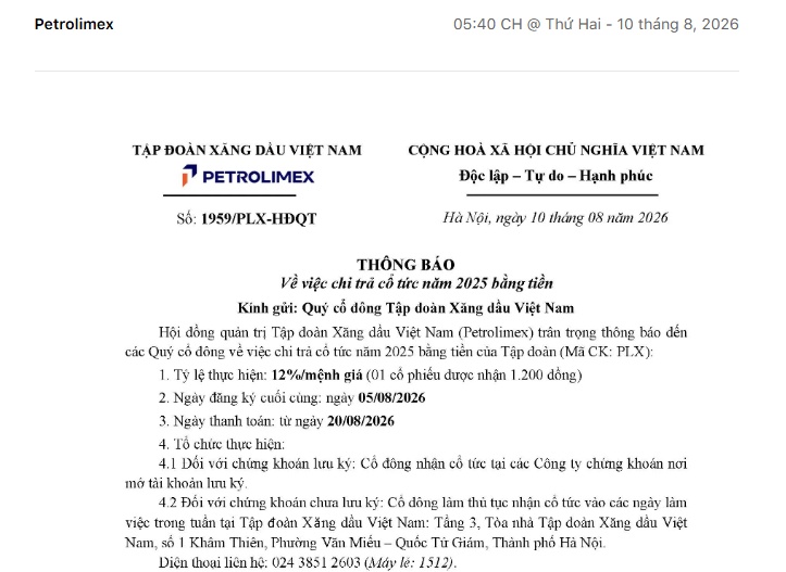 Cổ đông Petrolimex (PLX) sắp nhận hơn 1.500 tỷ đồng tiền cổ tức