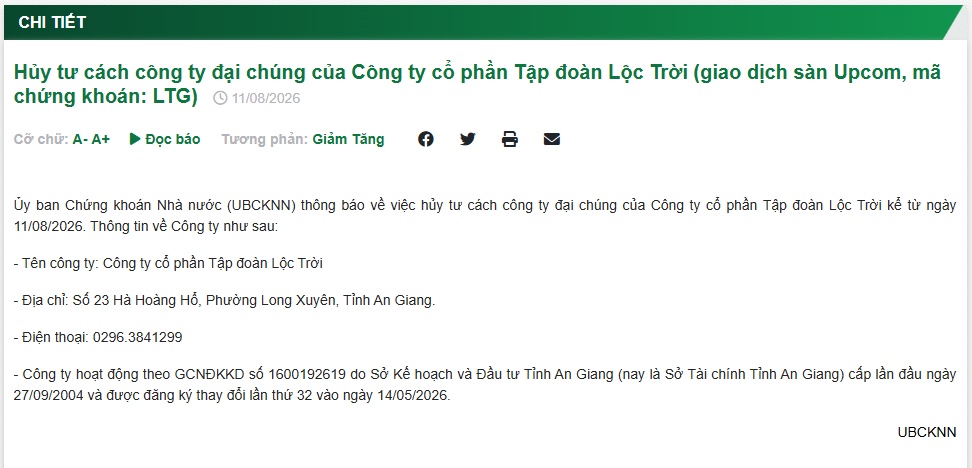 Tập đoàn Lộc Trời (LTG) bị hủy tư cách đại chúng