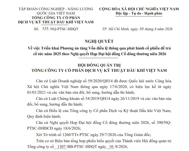 PVS sẽ phát hành hơn 102 triệu cổ phiếu trả cổ tức
