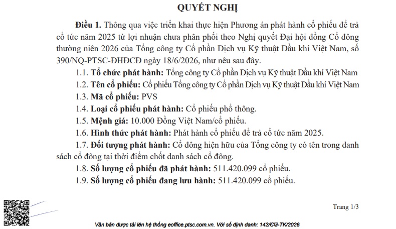 PVS sẽ phát hành hơn 102 triệu cổ phiếu trả cổ tức