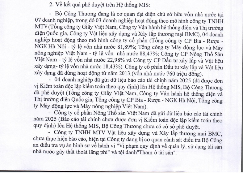 Bộ Công Thương báo cáo tình hình quản lý vốn tại 7 doanh nghiệp