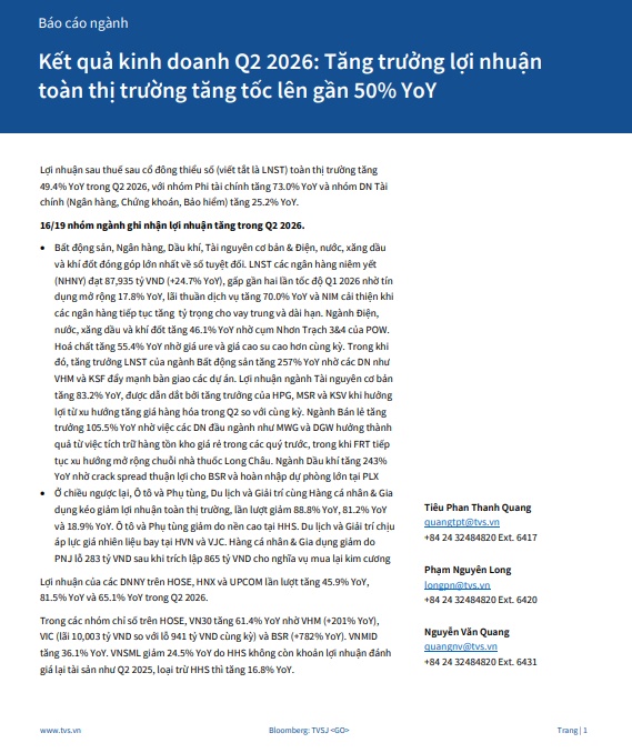 Ngành nào “vô địch” tăng trưởng lợi nhuận quý 2/2026?