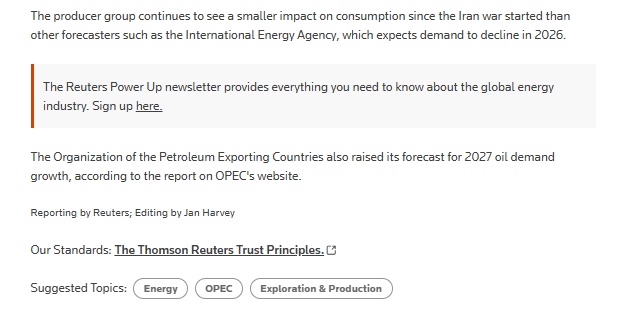 OPEC hạ dự báo tăng trưởng nhu cầu dầu toàn cầu năm 2026