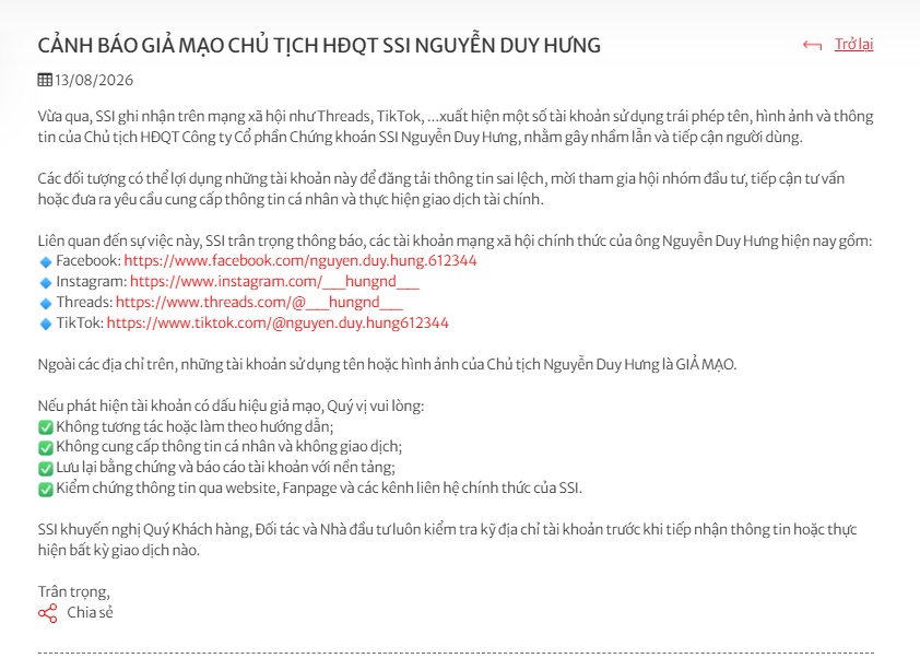 Chủ tịch SSI Nguyễn Duy Hưng bị giả mạo trên TikTok, Threads: NĐT coi chừng “bẫy” hội nhóm