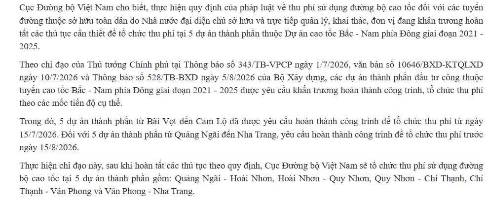 Từ hôm nay (14/8), 5 đoạn cao tốc Bắc - Nam bắt đầu thu phí