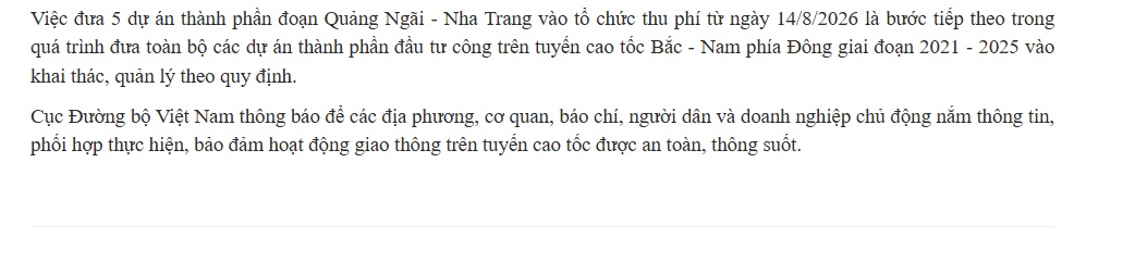 Từ hôm nay (14/8), 5 đoạn cao tốc Bắc - Nam bắt đầu thu phí