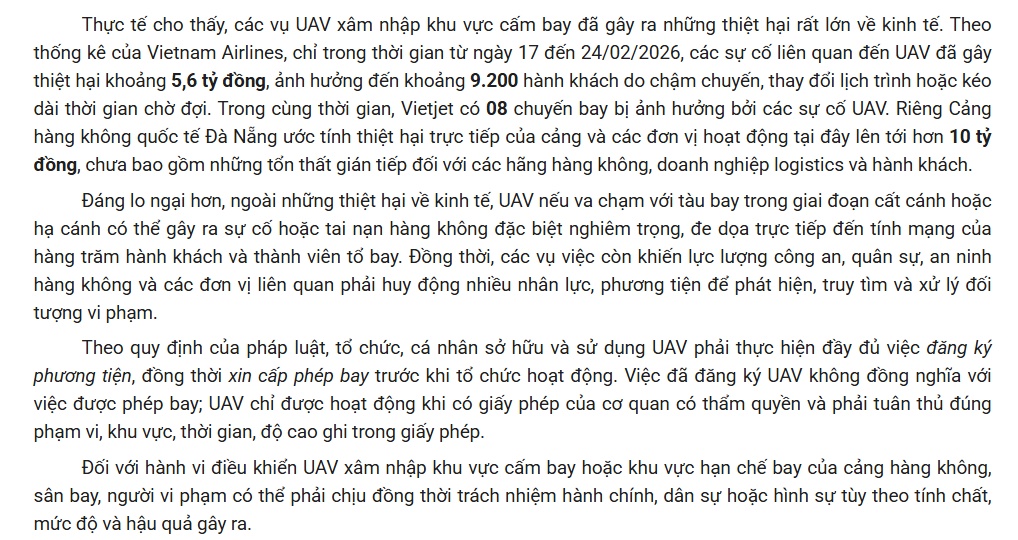 Loạt sự cố hàng không vì UAV, thiệt hại hàng tỷ đồng: Cơ quan chức năng lên tiếng cảnh báo
