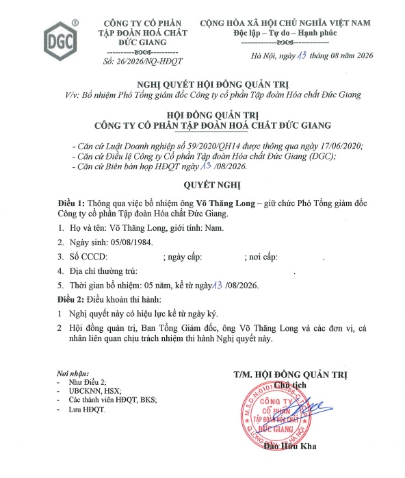 DGC lại có biến: Miễn nhiệm TGĐ Lưu Bách Đạt, bổ nhiệm 2 Phó Tổng mới