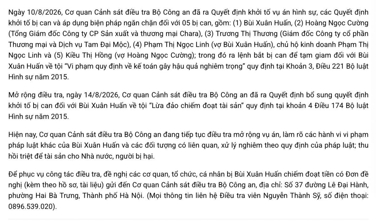 Nóng: Khởi tố bị can Bùi Xuân Huấn (tức Huấn Hoa Hồng) cùng vợ và 3 đồng phạm