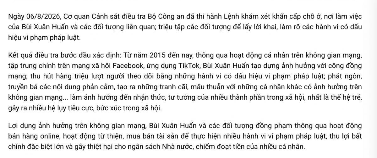 Nóng: Khởi tố bị can Bùi Xuân Huấn (tức Huấn Hoa Hồng) cùng vợ và 3 đồng phạm