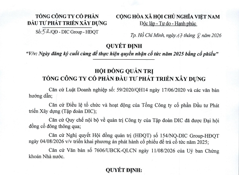 DIC Corp (DIG) chốt quyền phân bổ gần 48 triệu cổ phiếu trả cổ tức