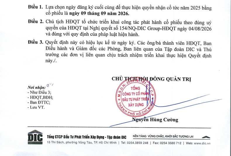 DIC Corp (DIG) chốt quyền phân bổ gần 48 triệu cổ phiếu trả cổ tức