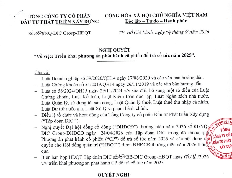 DIC Corp (DIG) chốt quyền phân bổ gần 48 triệu cổ phiếu trả cổ tức
