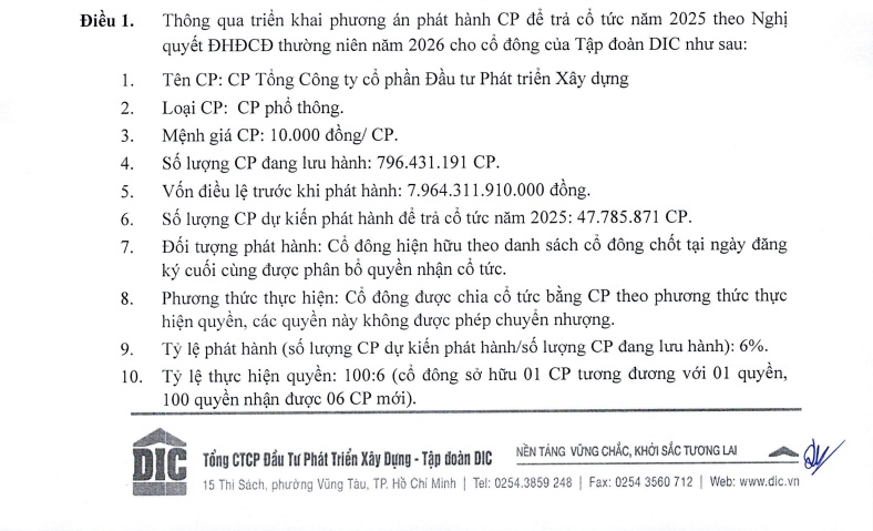 DIC Corp (DIG) chốt quyền phân bổ gần 48 triệu cổ phiếu trả cổ tức