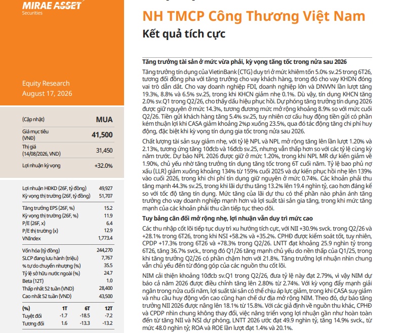 VietinBank đang ở vùng định giá hấp dẫn, thấp hơn mức bình quân 5 năm